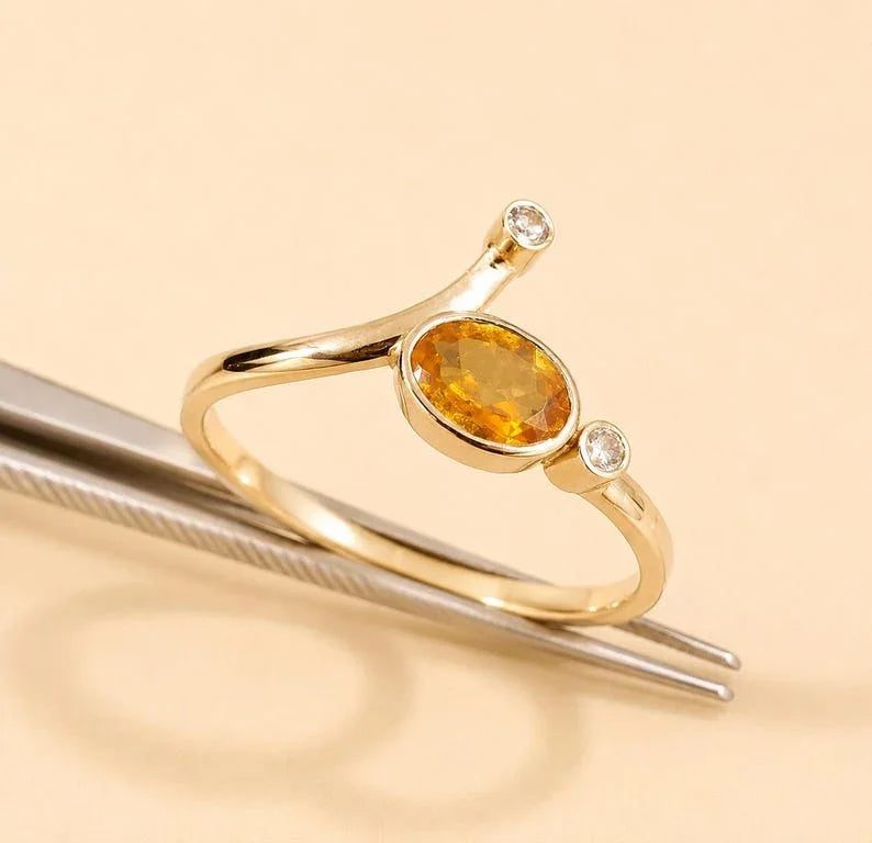 Dainty 14K Gold Natural Yellow Sapphire Ring: Diamond Accent