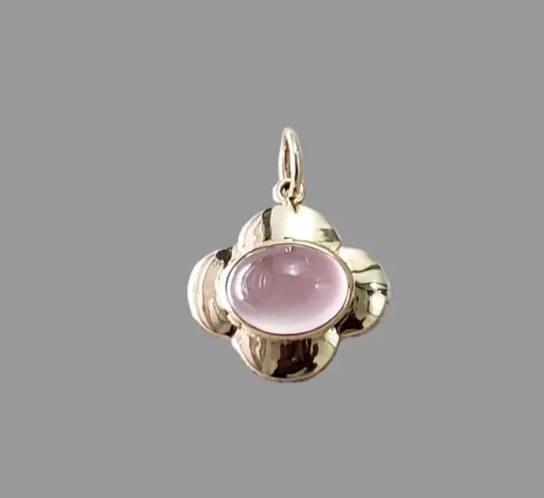 Natural Rose Quartz Floral Pendant in 14K Gold