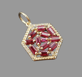 14k Gold Ruby Hexagon Pendant with Diamond Halo
