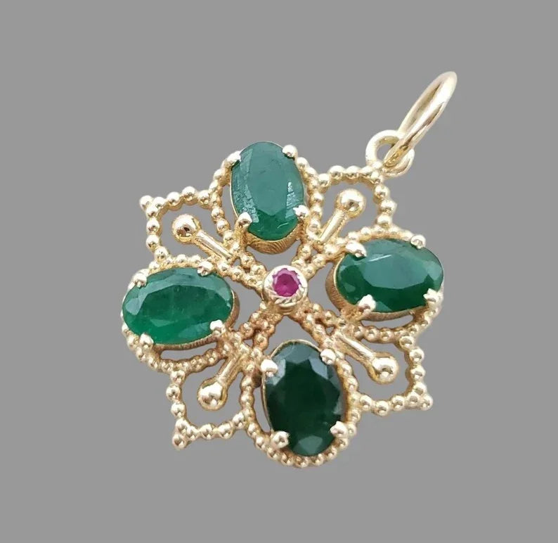 14k Gold Zambian Emerald & Ruby Pendant