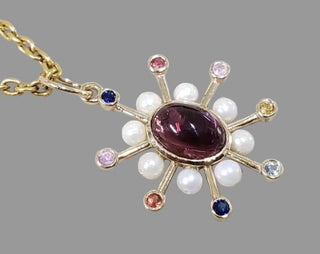 14k Gold Floral Pearl, Pink Tourmaline and Multi Stones Pendant