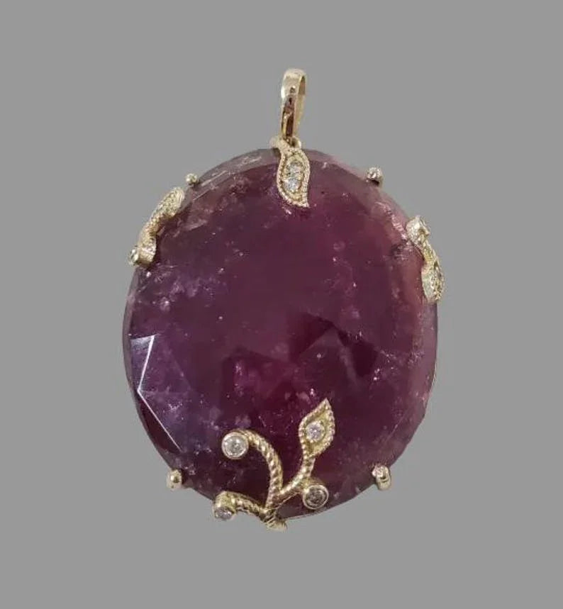 Natural Pink Tourmaline Diamond Pendant in 14K Gold