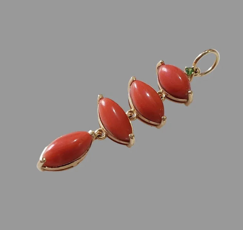 Marquise Italian Coral With Tsavorite 14k Gold Pendant