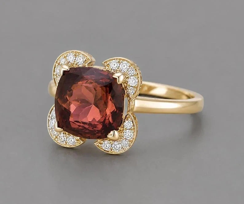 14K Gold Natural Reddish Tourmaline Diamond Ring