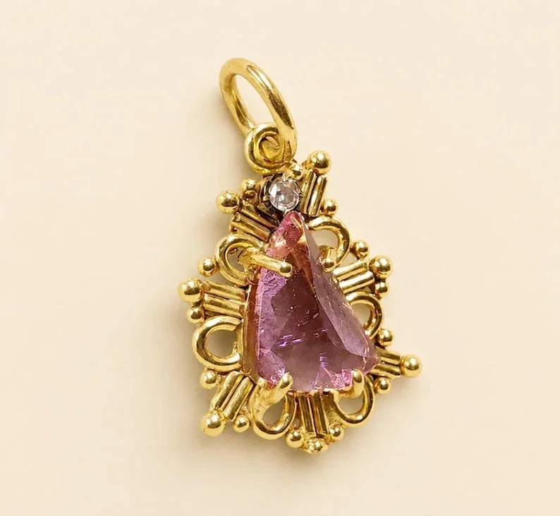 Natural Pink Tourmaline Pendant in 14K Gold: Diamond Accent