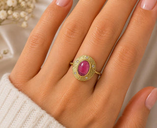 Hammered 14k Gold Pink Tourmaline Cabochon Ring