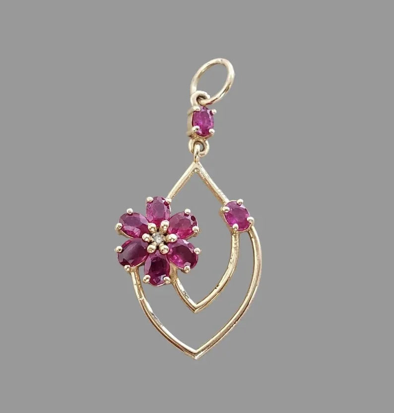 14k Gold Natural Ruby Floral Pendant, Art Deco Handmade