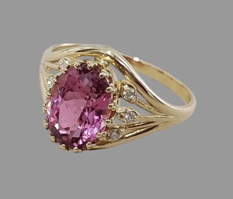 Natural Pink Tourmaline 14k Gold Diamond Ring, Engagement Ring