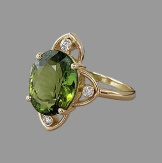 14k Gold Natural Green Tourmaline & Diamond Ring