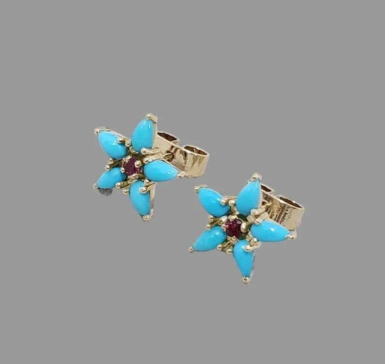Star Turquoise & Ruby Stud Earrings in 14K Solid Gold
