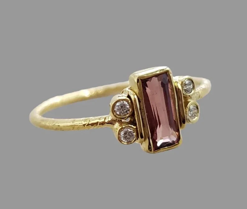 14k Gold Baguette Cut Pink Spinel Ring