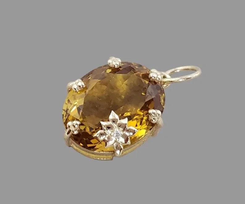 14k Gold Natural Citrine & Diamond Pendant