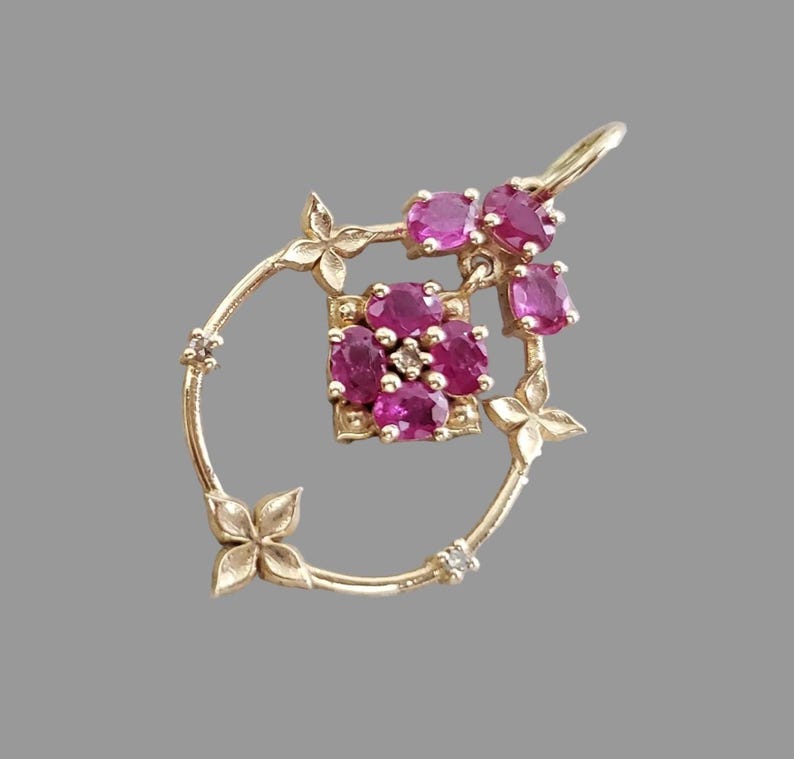 14k Gold Natural Ruby Floral Pendant