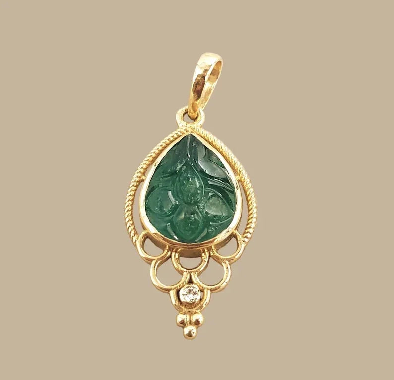 14k Gold Carved Emerald & Diamond Pendant