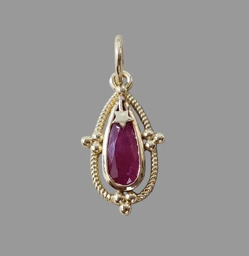 Solid 14k Gold Ruby Pendant | Handmade Artisan Gemstone Pendant