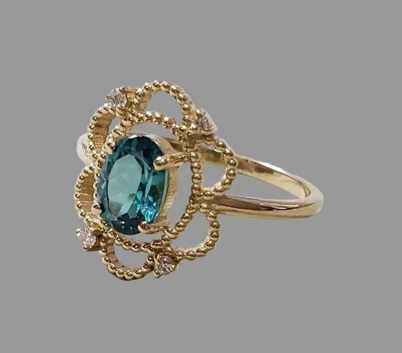 Natural Indicolite Tourmaline Ring in Solid 14K Gold