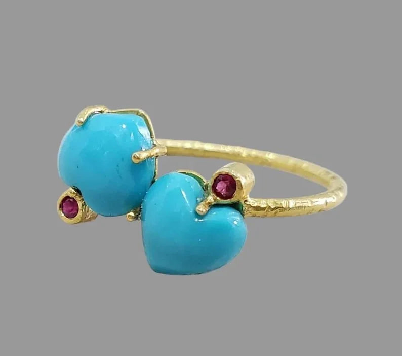 Natural Turquoise & Ruby Ring in 14k Gold