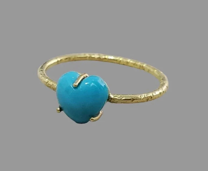 14k Solid Gold Heart Turquoise Ring, Handmade Minimalist
