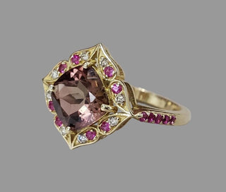 Natural Brown Tourmaline Along With Diamond & Ruby Ring