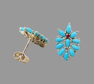 14K Solid Gold Turquoise & Ruby Stud Earrings