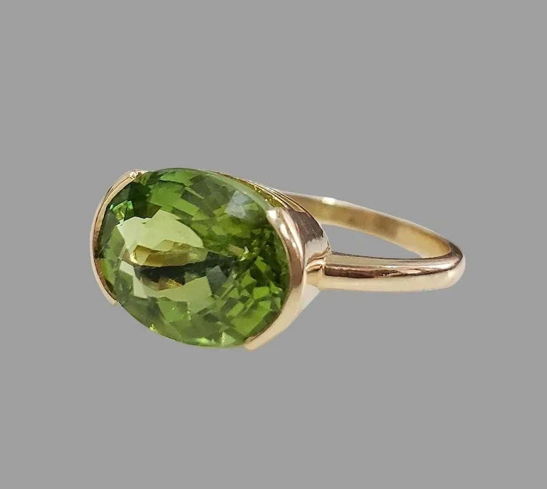 14k Solid Gold Green Tourmaline Ring, Oval Gemstone Ring