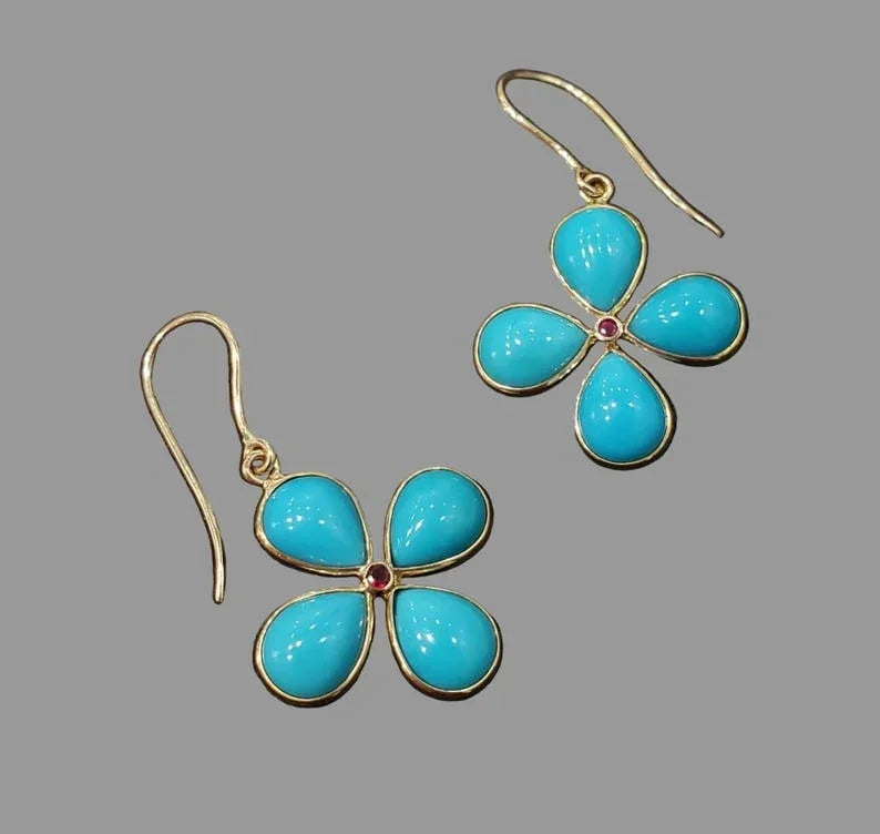14k Solid Gold Turquoise & Ruby Flower Earrings