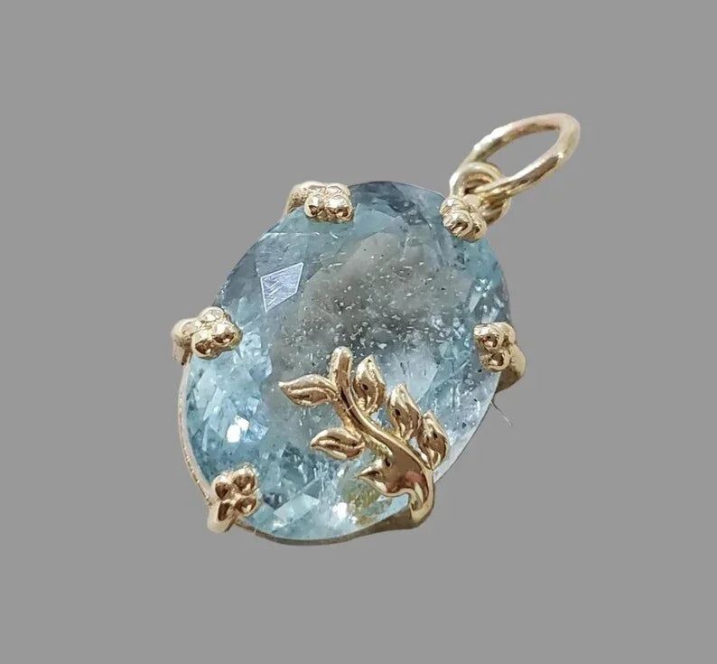 14k Solid Gold Aquamarine Pendant, Stone Overlay Granules