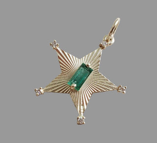 14K Gold Star Emerald & Diamond Pendant
