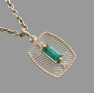 Natural Baguette Emerald Pendant in 14K Solid Gold