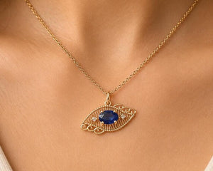 Pendentif œil protecteur en or 14 carats : Breloque en saphir bleu naturel