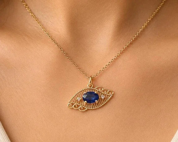 14K Gold Blue Sapphire Diamond Pendant,Evil Eye