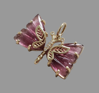14K Gold Pink Tourmaline Butterfly Pendant with Diamond