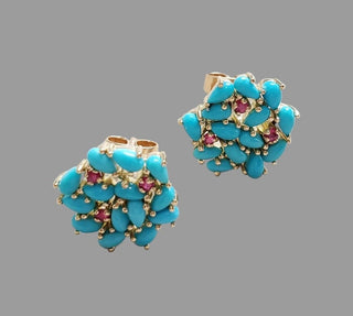 14K Gold Turquoise & Ruby Stud Earrings