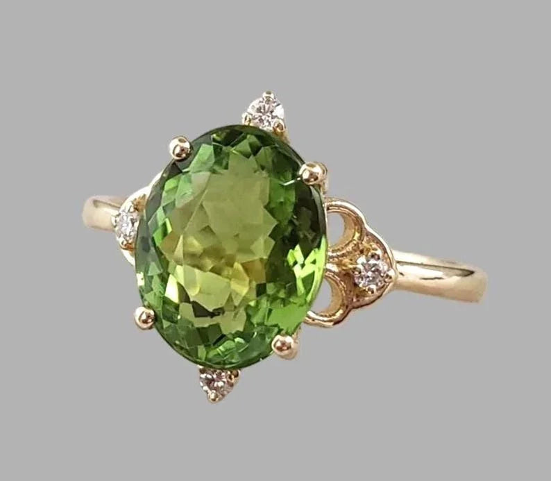 Natural Green Tourmaline & Diamond 14k Gold Ring