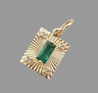 14K Gold Natural Emerald & Diamond Textured Pendant