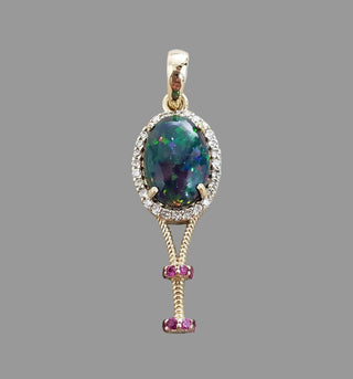 14k Gold Black Fire Opal Tennis Racket Pendant