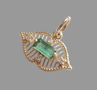 14k Solid Gold Lips Charm, Emerald Baguette & Diamond Accents