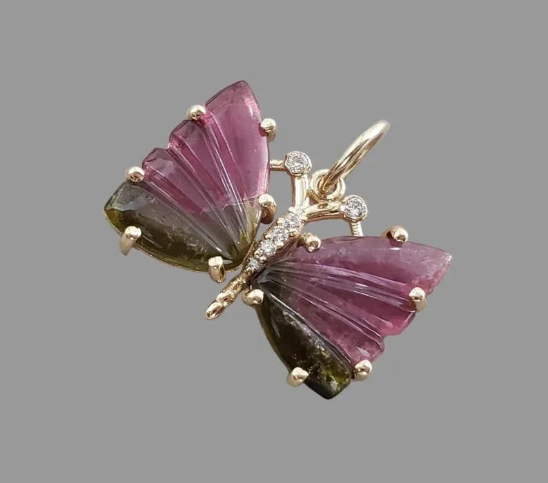 Natural Watermelon Tourmaline Butterfly Pendant