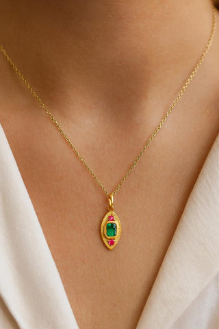 Marquise Shape 18k Gold Zambian Emerald and Spinel Pendant