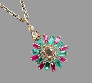 Natural Emerald & Ruby Baguette With Diamond Pendant in 14K Solid Gold