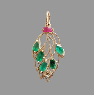 Natural Emerald, Ruby & Diamond Leaf Pendant in 14K Solid Gold