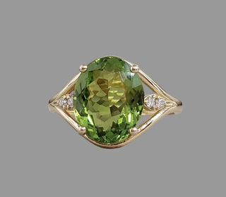 Bague en or 14 carats, tourmaline verte naturelle et diamant