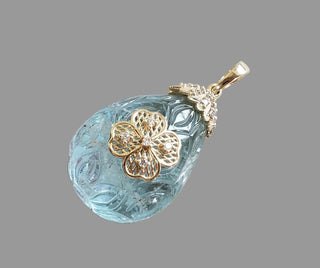 14K Solid Gold Aquamarine Carving with Diamond Pear Pendant