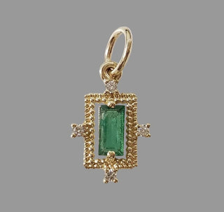 14K Solid Gold Natural Baguette Emerald & Diamond Pendant