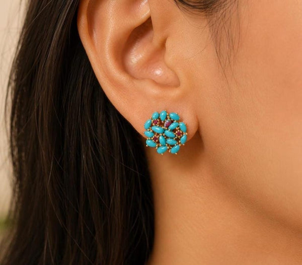 14K Gold Turquoise & Ruby Stud Earrings