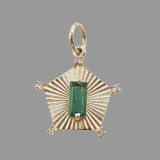 14K Solid Gold Natural Baguette Emerald & Diamond Starburst Pendant
