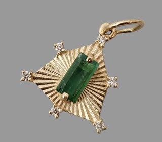 14K Solid Gold Natural Emerald & Diamond Pendant