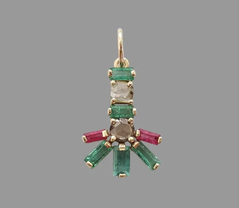 Pendentif en or 14 carats avec rubis et émeraude