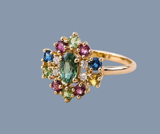 14K Gold Green Sapphire with Multi Tourmaline Ring
