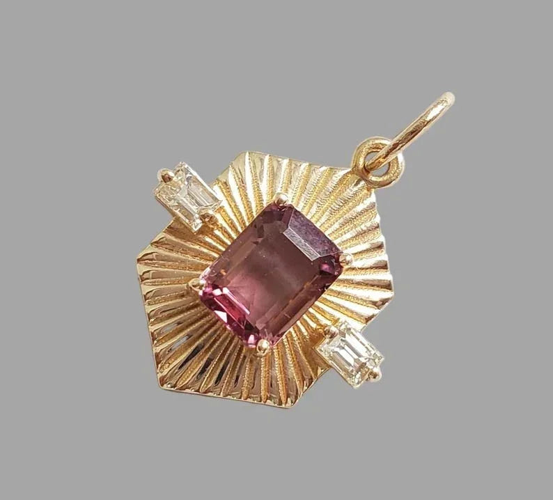 Pendentif en or 14 carats avec tourmaline rose ovale et diamant taille brillant